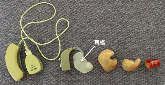 助聽器的款式：由左至右分別為骨導、耳掛、耳內、耳道和深耳道。