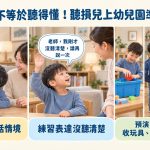 聽損兒上幼兒園準備指南橫幅圖片，上方標題為「聽得到不等於聽得懂！聽損兒上幼兒園準備指南」。下方分為三個情境區塊：左側為「模擬多人說話情境」，展示家長與聽損兒童互動；中間為「練習表達沒聽清楚」，小男孩舉手向老師表達沒聽清楚；右側為「預演日常關鍵字：收玩具、排隊、洗手、坐下」，呈現幼兒園日常作息的實景照片。